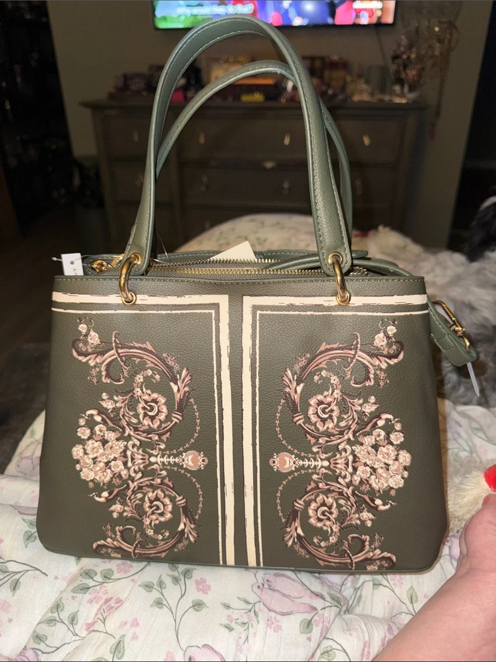 Anne Klein Olive Green Floral Satchel with Pink Accents
